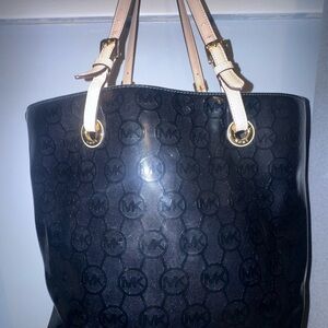 Michael Kors Black Monogram Tote with Tan Straps
